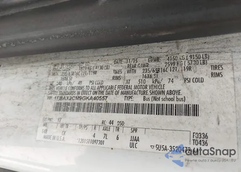 2016 Ford Transit-350 Xlt from USA, damaged, VIN 1FBAX2CM9GKA40557